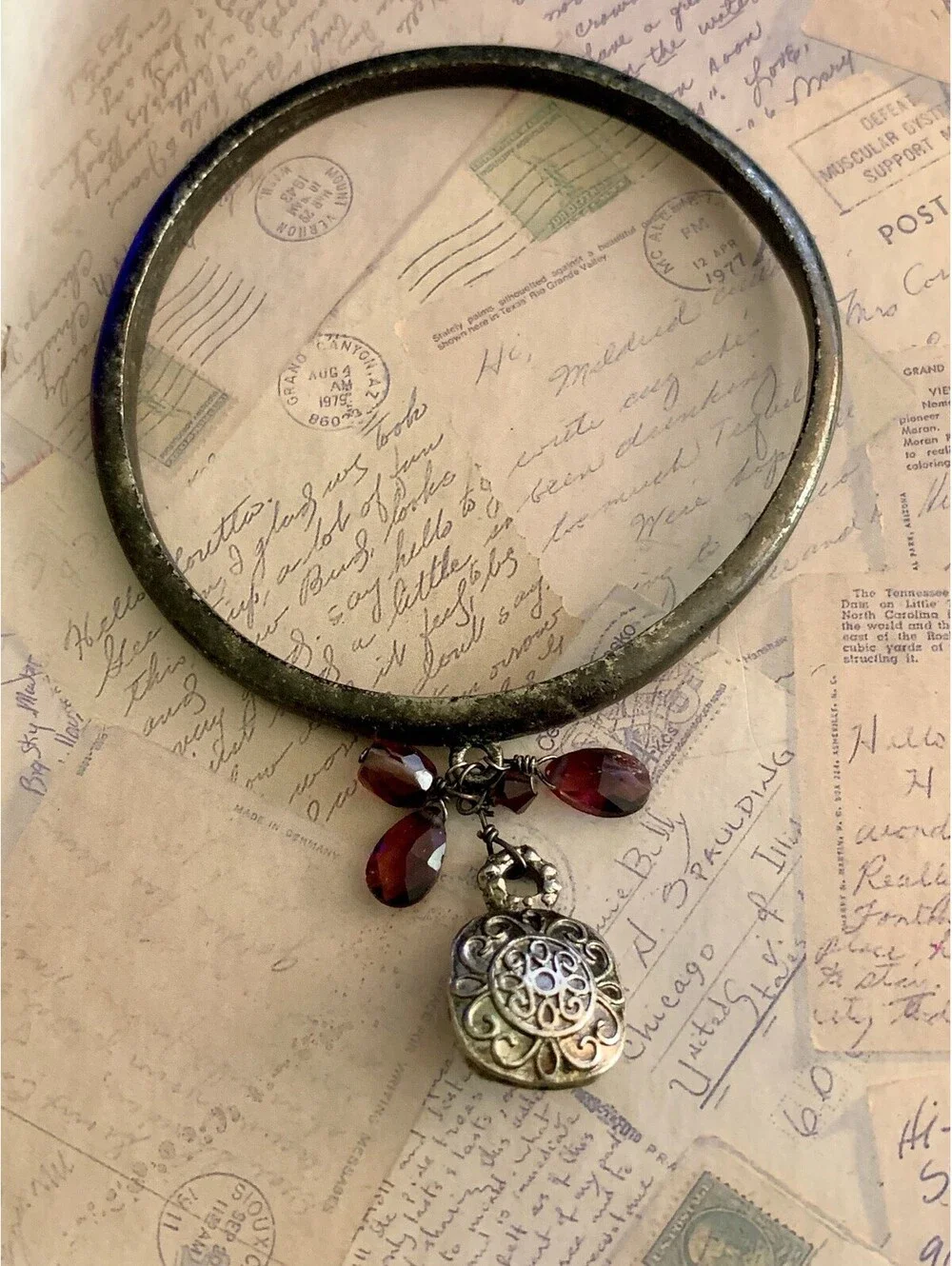 Vintage bohemian Ornate Metal Charm Bangle Bracelet Purple Crystals & Medallion